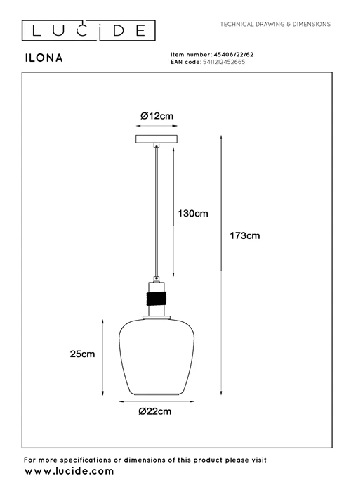 Lucide ILONA - Suspension - Ø 22 cm - 1xE27 - Ambre - technique
